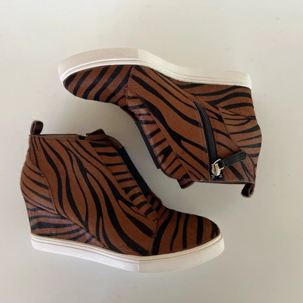 Linea Paolo Felicia III Wedge Sneaker, Caramel/Black Tiger Stripe Calf Hair, 7.5